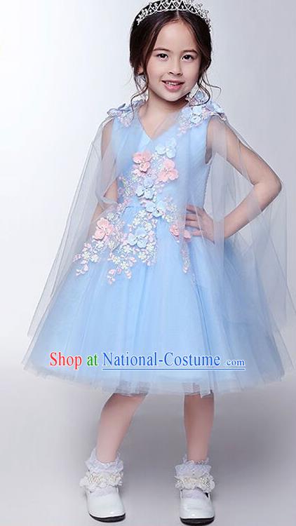 Children Model Show Dance Costume Blue Compere Full Dress, Ceremonial Occasions Catwalks Princess Embroidery Dress for Girls