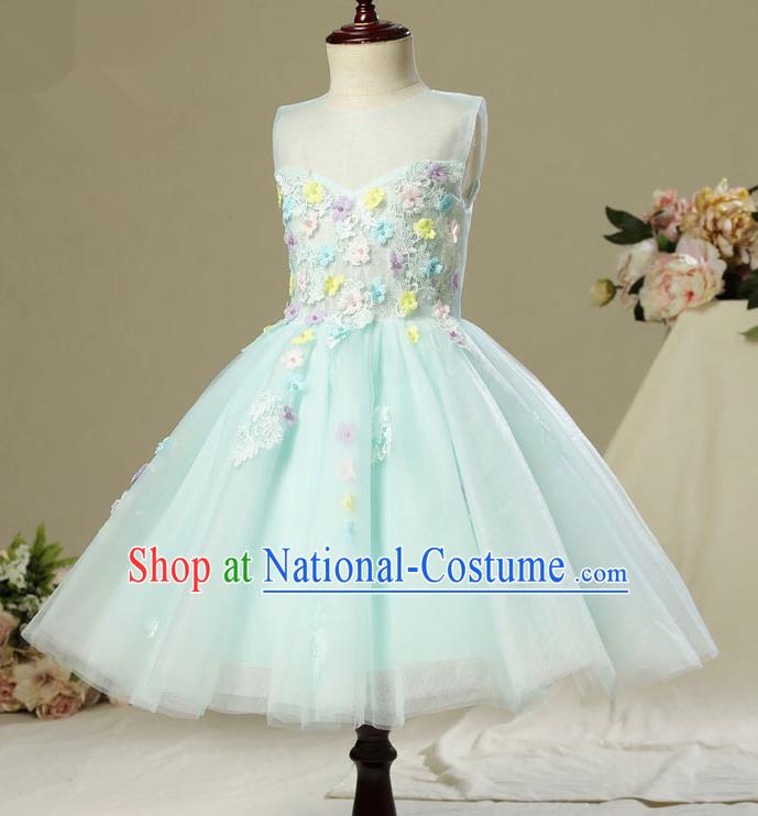 Children Model Dance Costume Compere Green Bubble Full Dress, Ceremonial Occasions Catwalks Princess Embroidery Dress for Girls