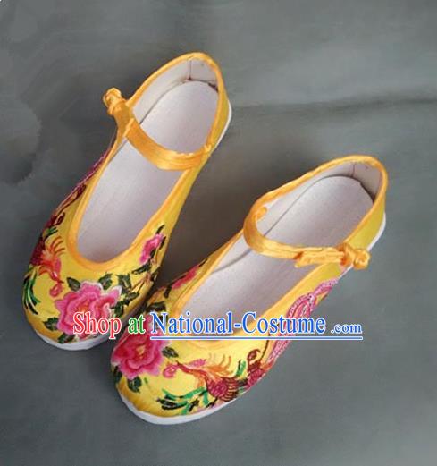 Asian Chinese Shoes Wedding Shoes Yellow Satin Melaleuca Shoes, Traditional China Opera Shoes Hanfu Shoes Embroidered Phoenix Peony Shoes