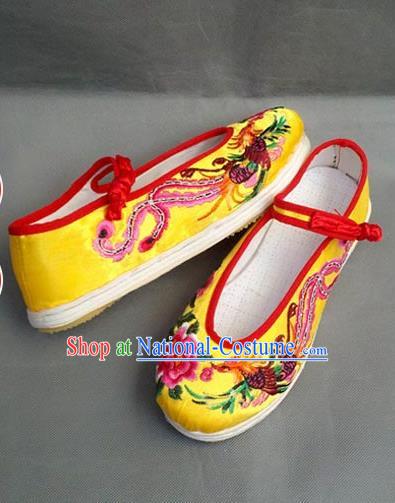 Asian Chinese Shoes Wedding Shoes Yellow Satin Melaleuca Shoes, Traditional China Opera Shoes Hanfu Shoes Embroidered Phoenix Peony Shoes