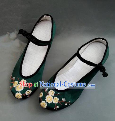 Asian Chinese Shoes Wedding Shoes Handmade Green Embroidered Wintersweet Shoes, Traditional China Princess Shoes Hanfu Become Warped Head Shoe for Women