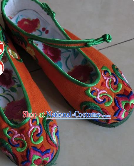 Asian Chinese Martial Arts Shoes Wedding Shoes Handmade Orange Embroidered Shoes, Traditional China Princess Shoes Hanfu Shoe for Women