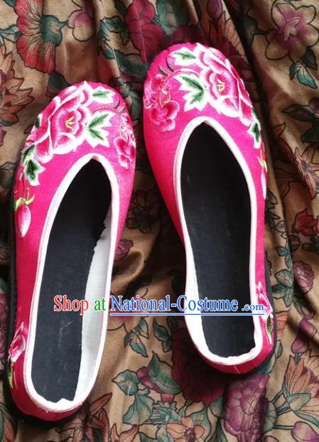 Asian Chinese National Embroidery Peony Wedding Pink Shoes, Traditional China Princess Handmade Embroidered Shoes Hanfu Shoe for Women