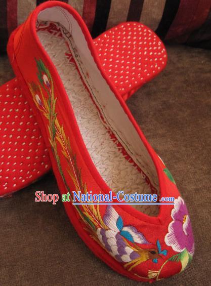 Traditional Chinese National Red Wedding Shoes Embroidered Shoes, China Handmade Shoes Hanfu Embroidery Dragon and Phoenix Shoes for Women