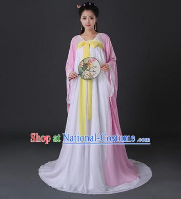 Asian China Ancient Tang Dynasty Palace Lady Costume, Traditional Chinese Princess Hanfu Embroidered Pink Dress Clothing for Women