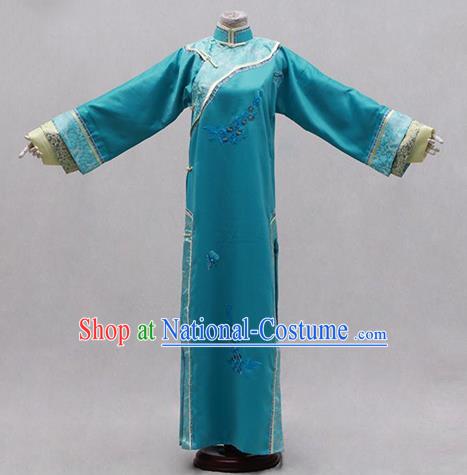 Traditional Ancient Chinese Manchu Palace Lady Costume, Asian Chinese Qing Dynasty Princess Embroidered Blue Dress Clothing for Women