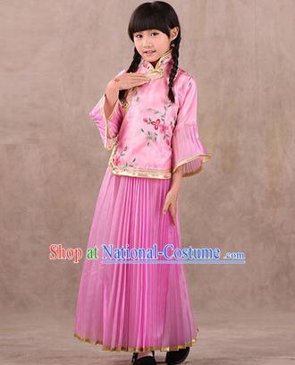 Traditional Ancient Chinese Republic of China Children Embroidered Costume, Asian Chinese Embroidered Pink Xiuhe Suit Clothing for Kids