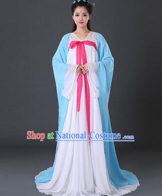 Asian China Ancient Tang Dynasty Palace Lady Costume, Traditional Chinese Princess Hanfu Embroidered Blue Dress Clothing for Women