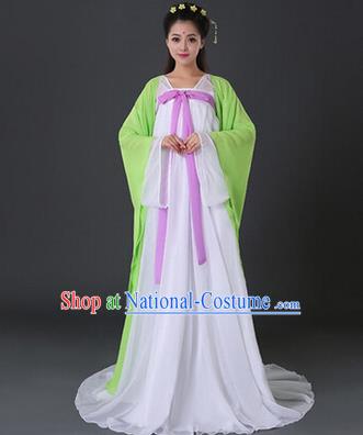 Asian China Ancient Tang Dynasty Palace Lady Costume, Traditional Chinese Princess Hanfu Embroidered Green Dress Clothing for Women