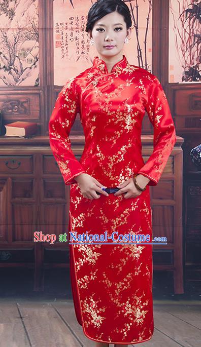 Traditional Ancient Chinese Republic of China Cheongsam, Asian Chinese Chirpaur Red Silk Qipao Dress Clothing for Women