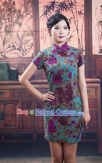 Traditional Ancient Chinese Republic of China Cheongsam, Asian Chinese Chirpaur Short Green Qipao Dress Clothing for Women