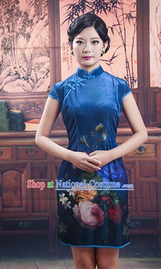 Traditional Ancient Chinese Republic of China Cheongsam, Asian Chinese Chirpaur Short Blue Qipao Dress Clothing for Women