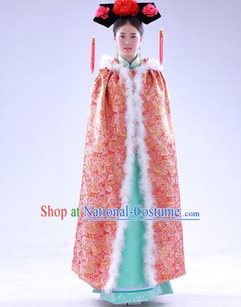 Traditional Ancient Chinese Manchu Palace Lady Costume Long Cloak, Asian Chinese Qing Dynasty Princess Embroidered Pink Mantle Clothing for Women