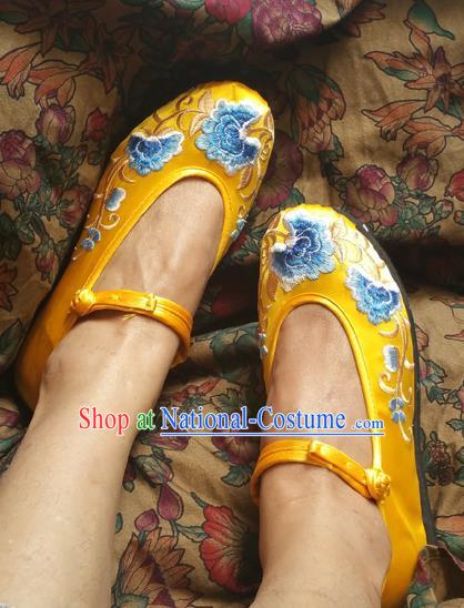 Traditional Chinese National Embroidered Shoes Yellow Satin Shoes, China Handmade Shoes Hanfu Embroidery Shoes for Women