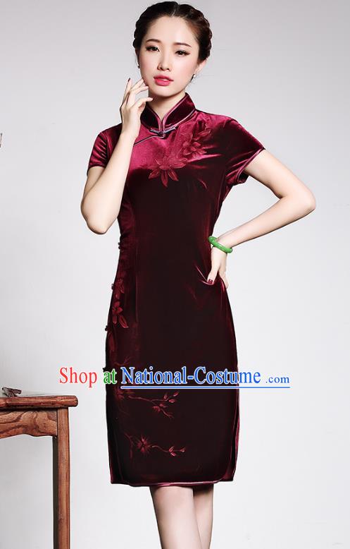 Traditional Chinese National Costume Elegant Hanfu Wine Red Velvet Cheongsam, China Tang Suit Plated Buttons Chirpaur Dress for Women