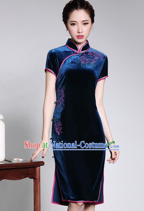 Traditional Chinese National Costume Elegant Hanfu Royalblue Velvet Cheongsam, China Tang Suit Plated Buttons Chirpaur Dress for Women