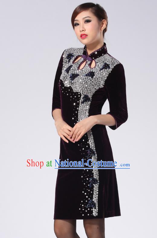 Traditional Chinese National Costume Elegant Hanfu Purple Velvet Crystal Cheongsam, China Tang Suit Plated Buttons Chirpaur Dress for Women