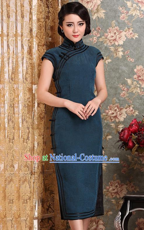 Traditional Chinese National Costume Elegant Hanfu Blue Cheongsam, China Tang Suit Plated Buttons Chirpaur Dress for Women