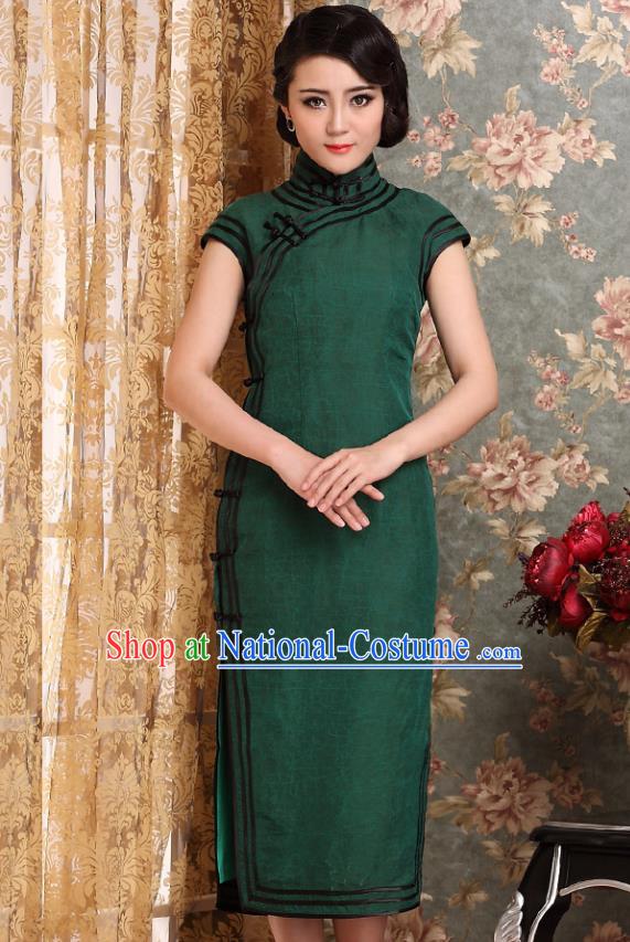 Traditional Chinese National Costume Elegant Hanfu Green Cheongsam, China Tang Suit Plated Buttons Chirpaur Dress for Women