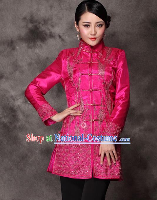 Traditional Chinese National Costume Elegant Hanfu Embroidered Rosy Coat, China Tang Suit Plated Buttons Upper Outer Garment for Women