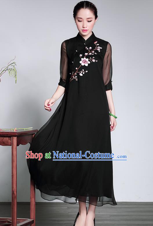 Traditional Chinese National Costume Elegant Hanfu Black Embroidered Cheongsam, China Tang Suit Plated Buttons Chirpaur Dress for Women