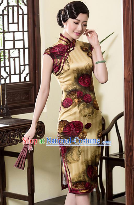 Traditional Chinese National Costume Elegant Hanfu Printing Yellow Silk Cheongsam, China Tang Suit Plated Buttons Chirpaur Dress for Women