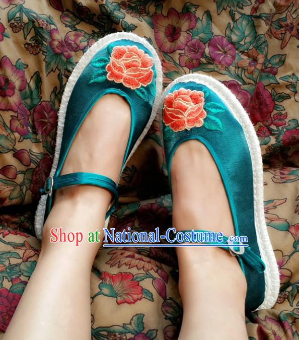 Traditional Chinese National Embroidered Shoes Handmade Green Cloth Shoes, China Hanfu Embroidery Flowers Shoes for Women