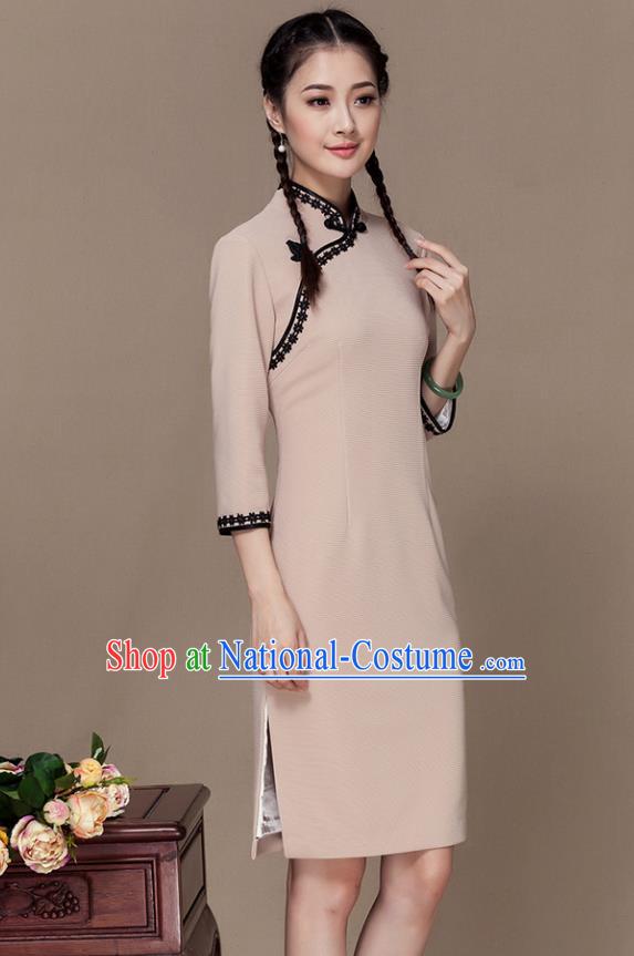 Traditional Chinese National Costume Elegant Hanfu Beige Cheongsam Dress, China Tang Suit Slant Opening Chirpaur Cheong-sam for Women