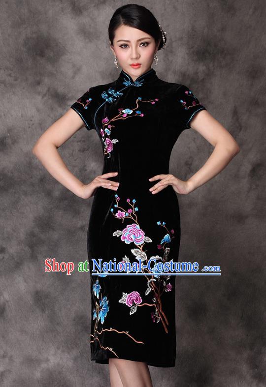 Traditional Chinese National Costume Elegant Hanfu Embroidered Black Velvet Cheongsam, China Tang Suit Plated Buttons Chirpaur Dress for Women