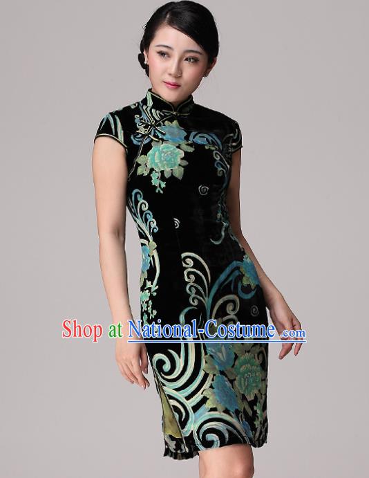 Traditional Chinese National Costume Elegant Hanfu Velvet Green Cheongsam, China Tang Suit Plated Buttons Chirpaur Dress for Women