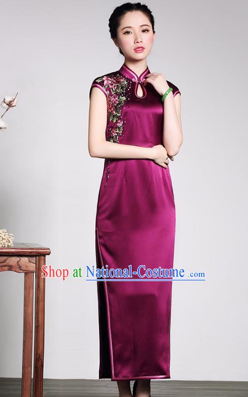 Traditional Chinese National Costume Elegant Hanfu Purple Silk Cheongsam, China Tang Suit Plated Buttons Chirpaur Dress for Women