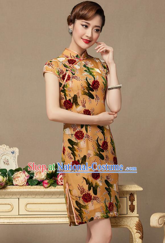 Traditional Chinese National Costume Elegant Hanfu Khaki Printing Cheongsam, China Tang Suit Plated Buttons Chirpaur Dress for Women