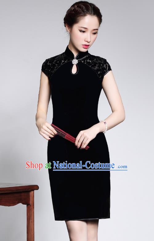 Traditional Chinese National Costume Elegant Hanfu Black Velour Cheongsam, China Tang Suit Plated Buttons Chirpaur Dress for Women