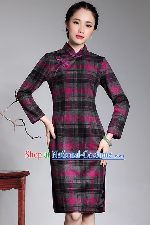 Traditional Chinese National Costume Elegant Hanfu Woolen Cheongsam, China Tang Suit Plated Buttons Chirpaur Dress for Women