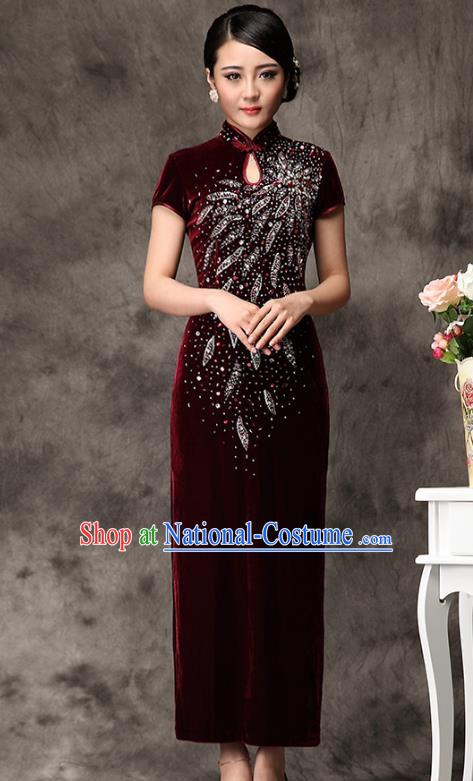 Traditional Chinese National Costume Elegant Hanfu Red Velvet Beading Cheongsam, China Tang Suit Plated Buttons Chirpaur Dress for Women