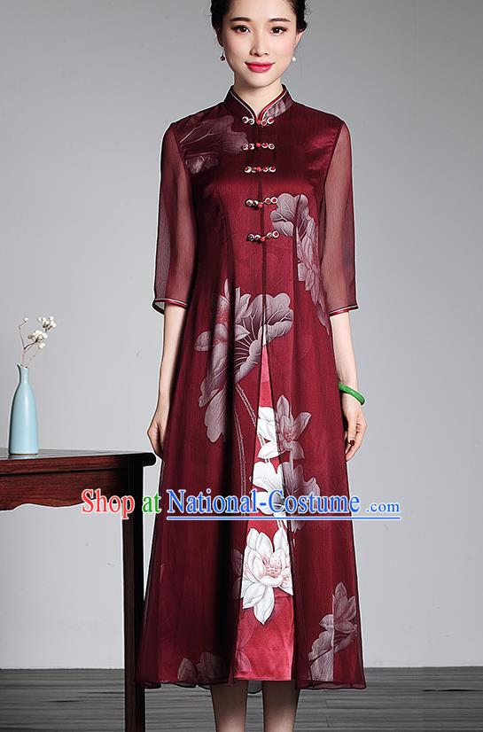 Traditional Chinese National Costume Elegant Hanfu Red Silk Long Cheongsam, China Tang Suit Plated Buttons Chirpaur Dress for Women