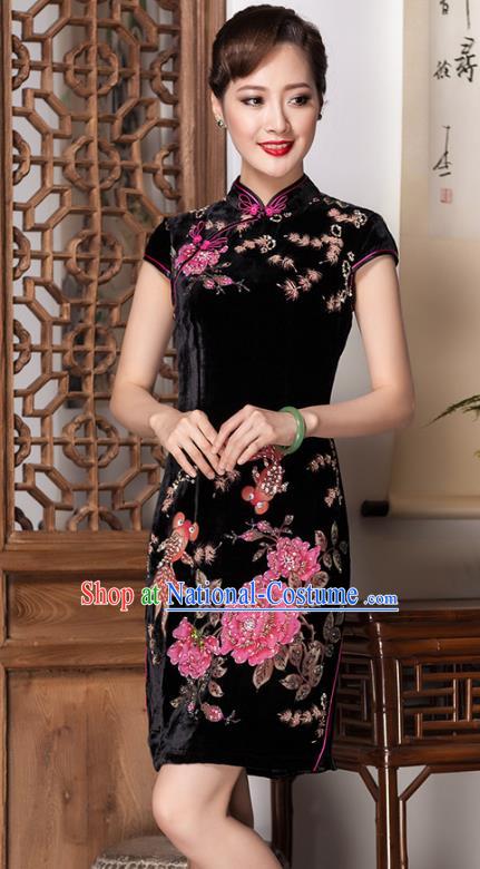 Traditional Chinese National Costume Elegant Hanfu Velvet Printing Cheongsam, China Tang Suit Plated Buttons Chirpaur Dress for Women