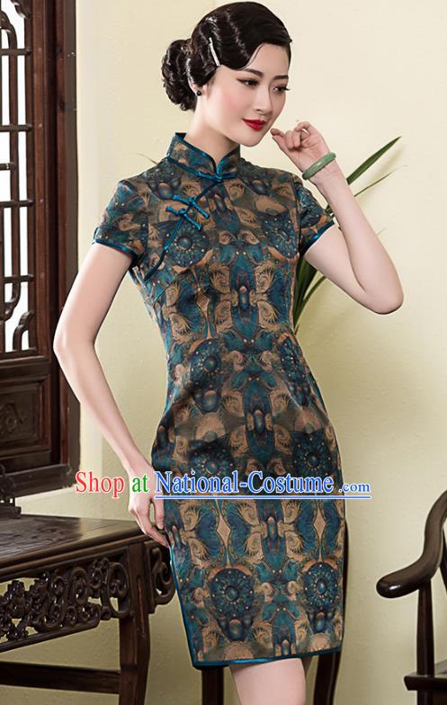 Traditional Chinese National Costume Elegant Hanfu Blue Silk Printing Cheongsam, China Tang Suit Plated Buttons Chirpaur Dress for Women