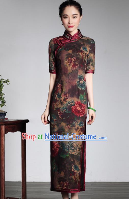 Traditional Chinese National Costume Elegant Hanfu Silk Long Cheongsam, China Tang Suit Plated Buttons Qipao Chirpaur Dress for Women