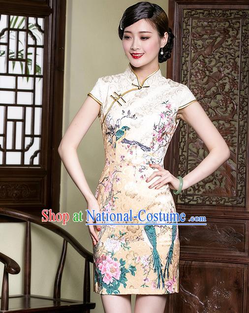 Traditional Chinese National Costume Elegant Hanfu Yellow Printing Peony Cheongsam, China Tang Suit Plated Buttons Qipao Chirpaur Dress for Women