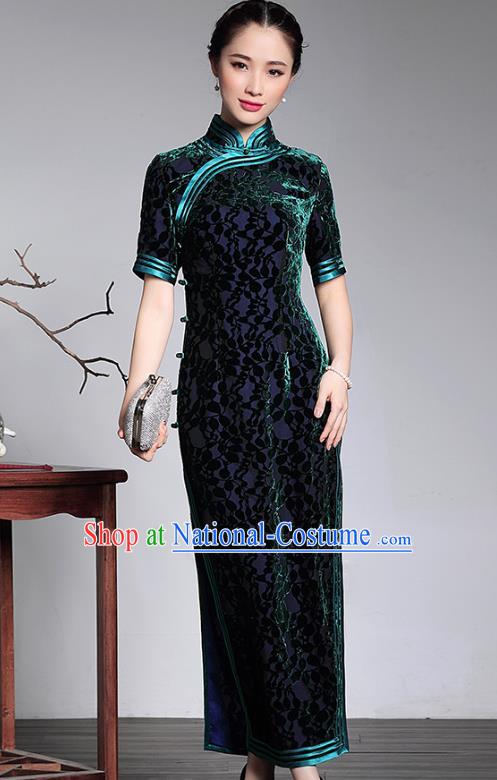 Traditional Chinese National Costume Elegant Hanfu Green Velvet Cheongsam, China Tang Suit Plated Buttons Qipao Chirpaur Dress for Women