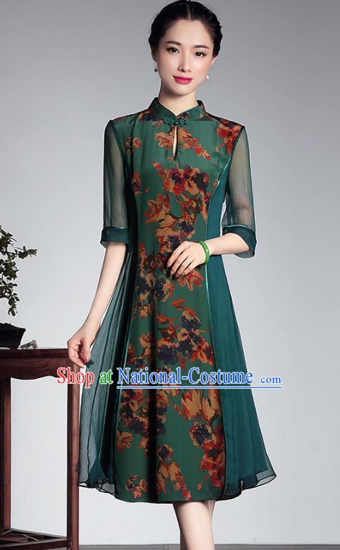 Traditional Chinese National Costume Elegant Hanfu Green Silk Cheongsam, China Tang Suit Plated Buttons Qipao Chirpaur Dress for Women