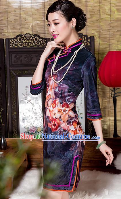 Traditional Chinese National Costume Elegant Hanfu Printing Flowers Purple Velvet Cheongsam, China Tang Suit Plated Buttons Chirpaur Dress for Women