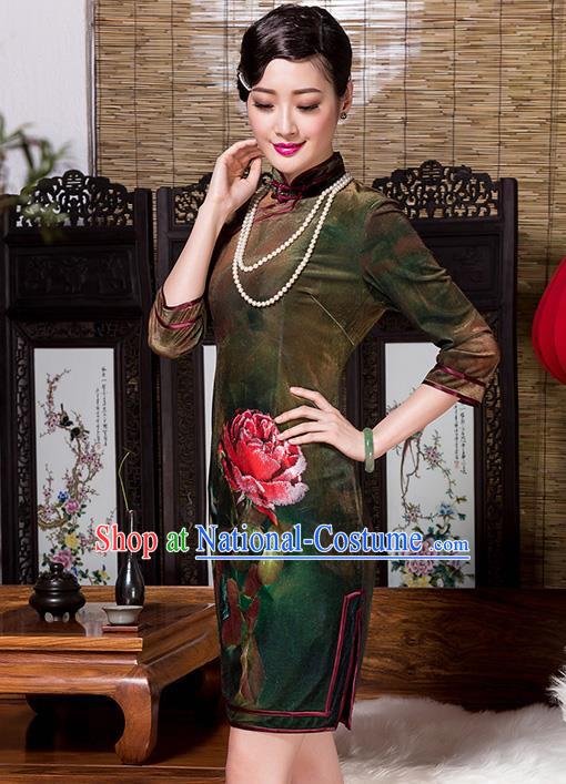 Traditional Chinese National Costume Elegant Hanfu Printing Flowers Green Velvet Cheongsam, China Tang Suit Plated Buttons Chirpaur Dress for Women