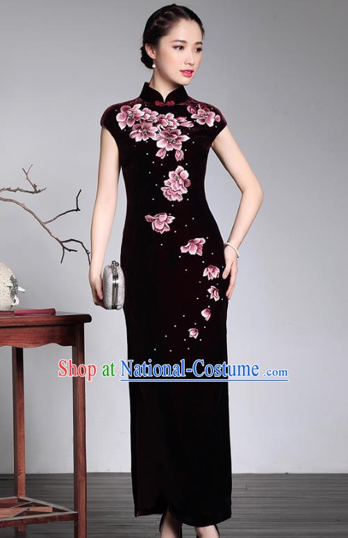 Traditional Chinese National Costume Elegant Hanfu Purple Velvet Embroidered Qipao Dress Cheongsam, China Tang Suit Plated Buttons Chirpaur for Women