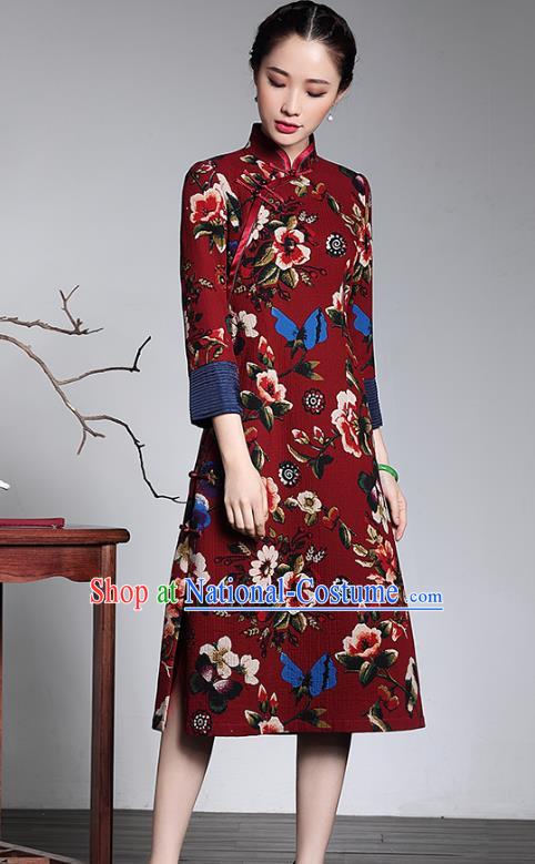 Traditional Chinese National Costume Elegant Hanfu Printing Red Qipao Dress Cheongsam, China Tang Suit Plated Buttons Chirpaur for Women