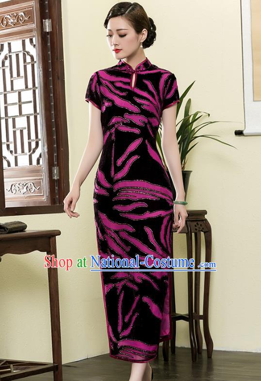 Traditional Chinese National Costume Elegant Hanfu Cheongsam Velvet Purple Flowers Qipao Dress, China Tang Suit Plated Buttons Chirpaur for Women