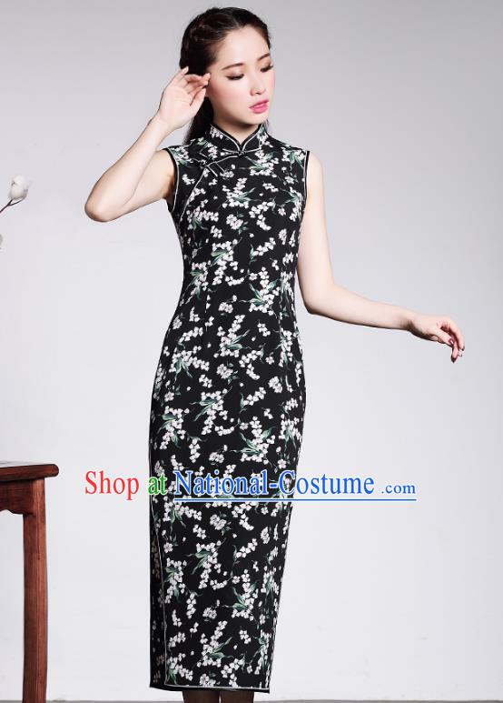 Traditional Chinese National Costume Elegant Hanfu Plated Button Black Qipao Dress, China Tang Suit Cheongsam for Women