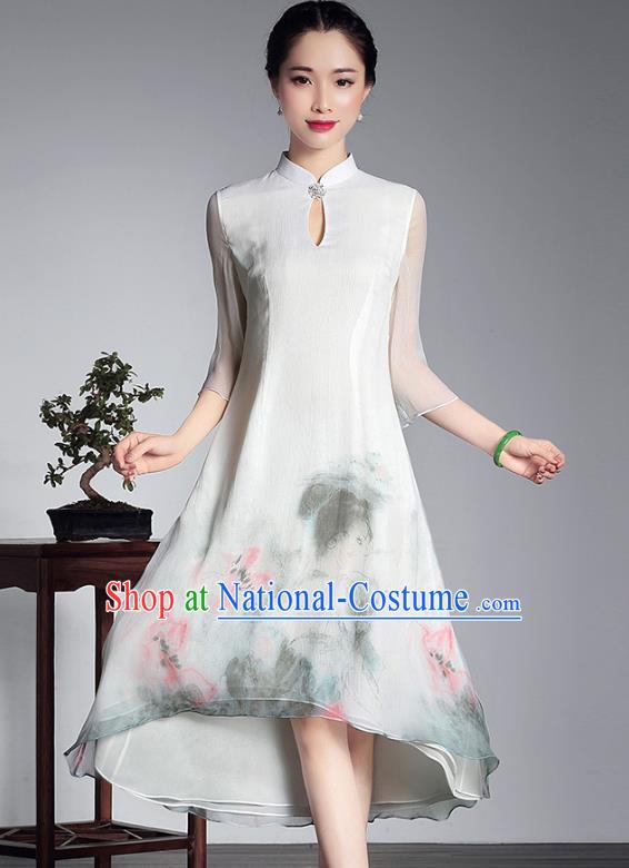 Traditional Chinese National Costume Elegant Hanfu Plated Button Hand Painting White Qipao Dress, China Tang Suit Cheongsam for Women