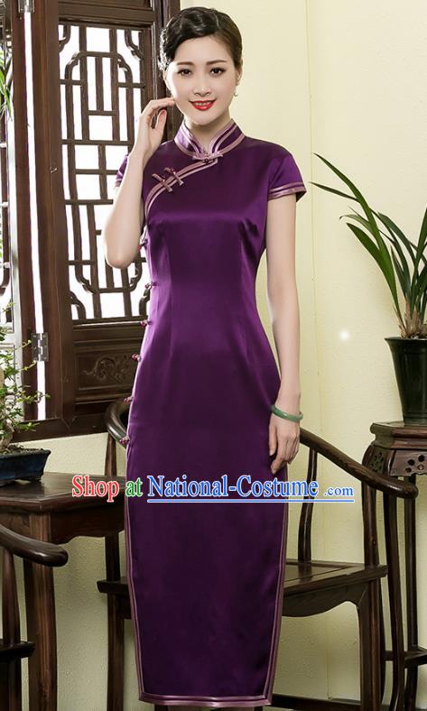 Traditional Chinese National Costume Elegant Hanfu Plated Buttons Purple Silk Qipao Dress, China Tang Suit Cheongsam for Women